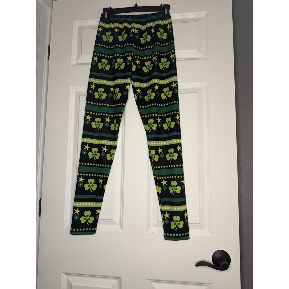 Cowcow St Patrick's Irish Leggings Medium Black Green Yellow Print